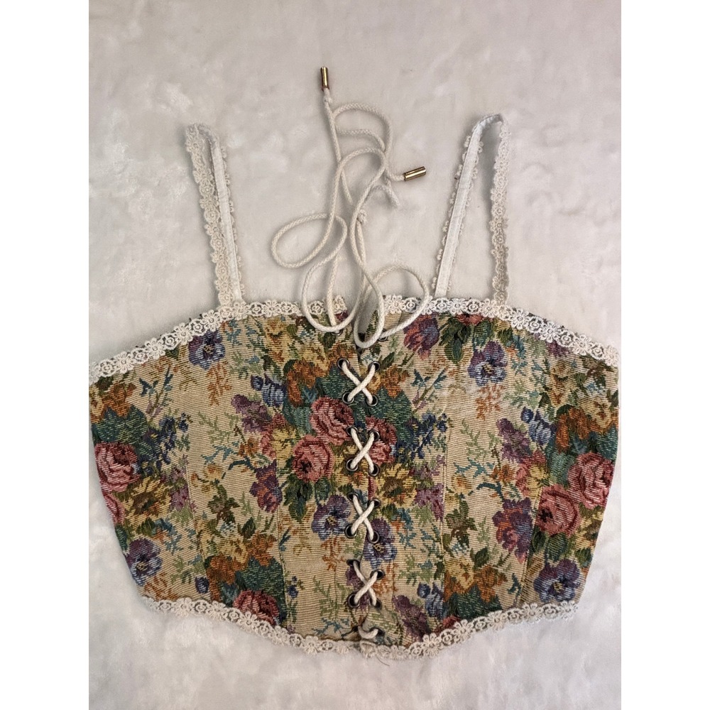 Romwe Floral Tapestry Corset Top Small Lace Up Cottagecore Woven Crop Tank